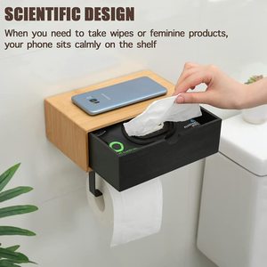 Porte-serviettes mural en bois avec tiroir de rangement, porte-papier toilette, étagère de salle de bain avec compartiment pour lingettes humides - Product Image 5