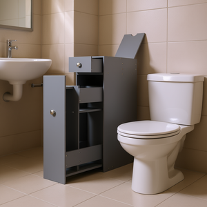 Armoire de salle de bain étroite grise avec tiroirs, organisateur gain de place, porte-papier toilette - Product Image 2
