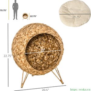 Handmade Natural Water Hyacinth Woven Cat <b>Bed</b> Modern Elevated Sphere Pet House with Washable Soft <b>Cushion</b> for Cats - Product Image 2