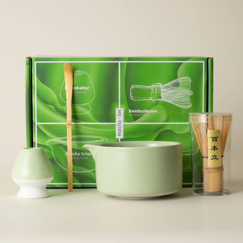 Tazón de té matcha, juego de 4 piezas, verde matcha