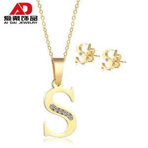 Простое и элегантное золотое ожерелье и серьги из нержавеющей стали с буквой S с цирконом
