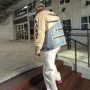 डिज़्न्यू 2025 डेनिम जीन जैकेट निर्माता विशिष्ट टू-टोन पैचवर्क डेनिम जैकेट के साथ कच्चा-एज सीम विवरण के साथ - Product Image 4