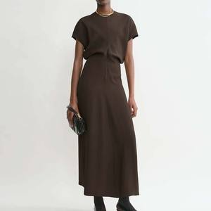 Kleding Fabrikanten Custom Lente Zomer Casual Korte Mouw Slouch Taille Satijn Maxi Jurk - Product Image 1