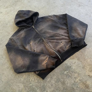 Veste en molleton surdimensionnée à imprimé personnalisé, lavage à l'acide, effet délavé vintage, logo brodé, fermeture éclair, 100% coton, imperméable, hiver, fil teint - Product Image 3