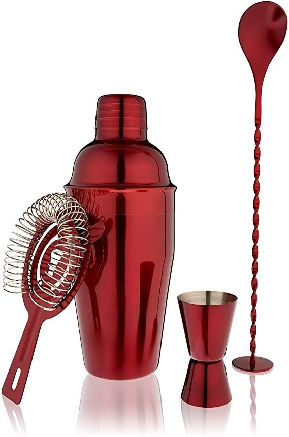 Nouveauté Shaker Rouge Peinture Shaker avec Couvercle Double Jigger Pilon Cuillère Touillette Barware Ensemble Cocktail Outils