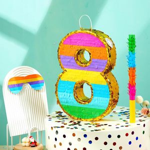 Piñata en papier à rayures arc-en-ciel numéro <span class=keywords><strong>8</strong></span> pour décorations de fête d'anniversaire de <span class=keywords><strong>8</strong></span> ans, célébration d'anniversaire pour enfants, bâton de masque pour les yeux - Product Image 6