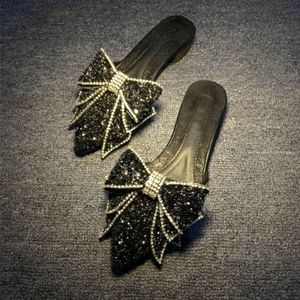 2025 Women's Rhinestone <b>Slippers</b> - <b>Summer</b> Outdoor Wear Fashionable Pointed-Toe Mules Bow-Detailed Half-<b>Slippers</b> - Product Image 2
