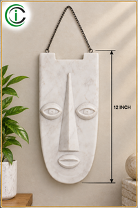 <b>White</b> Marble Tribal Face Wall Art 12 Inch Carved Stone Mask <b>Hanging</b> for Living Room Interior Styling Office Reception Hotel - Product Image 3