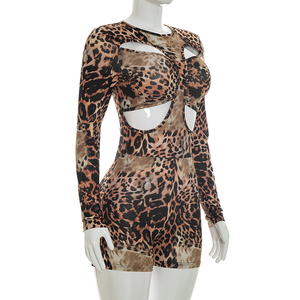 Viviblook D26RP221 Mono de Fiesta para Mujer, Estampado de Leopardo, Manga Larga, Diseño Hueco, Sexy, Ajustado, de Una Pieza, para Otoño - Product Image 2