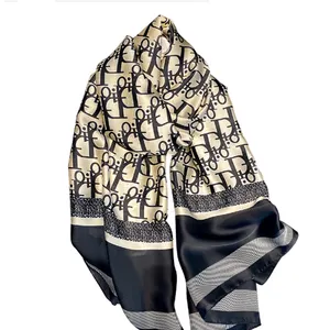 2024 lenços de seda longos personalizados de 85*180cm, lenço de xales estampado de designer de luxo para atacado com MOQ inferior