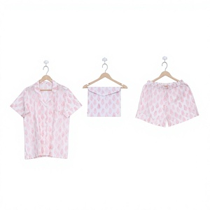 Women's <b>3</b>-<b>Piece</b> Cotton Pajama <b>Set</b> Short Sleeve Floral Print Sleepwear Summer Casual Loose Fit Elastic Waist Soft Woven Fabric - Product Image 1