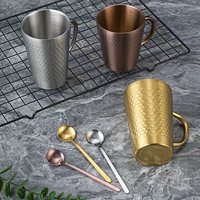 Mug à double paroi en acier inoxydable 304, tasse à café martelée or rose avec poignée et cuillère pour la maison, le café et la vente en gros de café, thé, lait