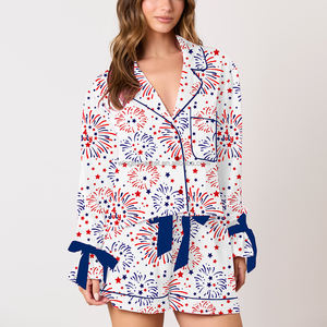 Independence Day Fourth of July <strong>Patriotic</strong> Firework Print Bow TIe Long Sleeve Shirt <strong>Shorts</strong> Two Piece Pajama Set Women - Product Image 1
