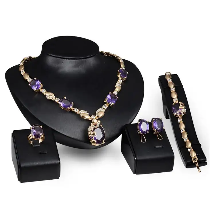 Fashion Indian Gold Plated Purple Big Gemstone Necklace Jewelry Set Wholesale SJT4071