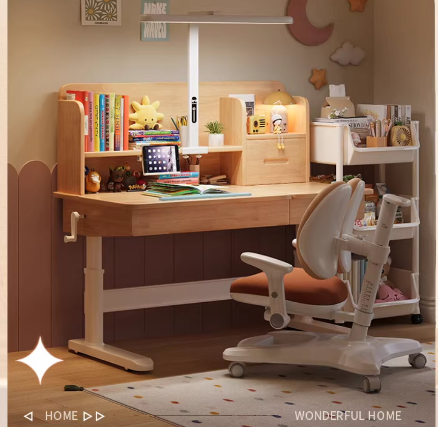 Mesa individual color madera con lámpara de protección ocular.