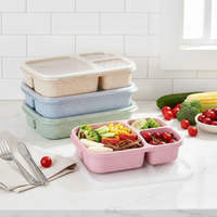 Boîte à lunch bento en plastique à 3 compartiments, compatible micro-ondes et lave-vaisselle, en paille de blé, pour la préparation des repas et le stockage des aliments, emballage alimentaire