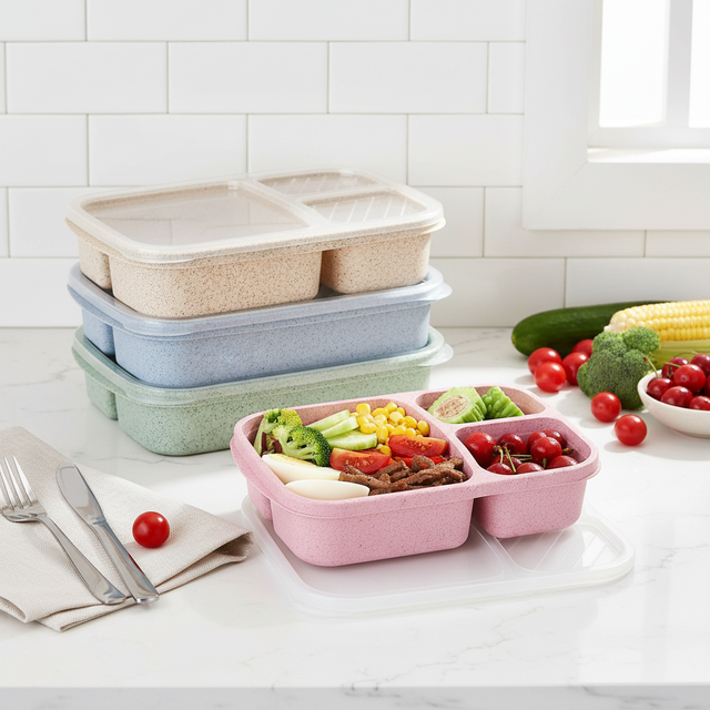 Microwave Dishwasher Safe 3 Compartment Plastic Bento Lunch Box Set Wheat Straw Meal Prep Food Storage Containers Food Packaging