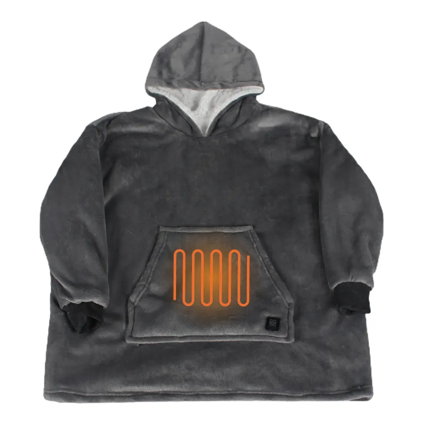 Grey Wholesale 100%Polyester Logo Flannel Fleece Soft Electric Heated Hoodie Blanket Heating Hoodie in Bulk