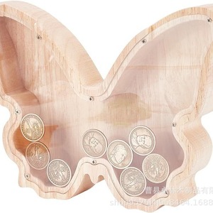 Hucha de madera para estudiantes, caja de almacenamiento de monedas y cambio, hucha de madera maciza con mariposa transparente de acrílico - Product Image 3