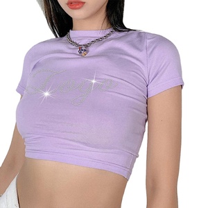 <span class=keywords><strong>Camiseta</strong></span> <span class=keywords><strong>Deportiva</strong></span> de Moda con Pedrería, Personalizada, de <span class=keywords><strong>Manga</strong></span> <span class=keywords><strong>Corta</strong></span>, Ajustada, Estilo Urbano, para <span class=keywords><strong>Mujer</strong></span>, Top Corto con Pedrería - Product Image 2