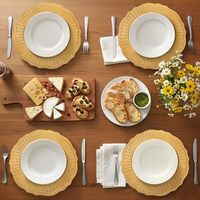 Assiettes de présentation rondes en plastique dorées de 13 pouces, avec bordure perlée gravée, vaisselle solide pour mariage et fête