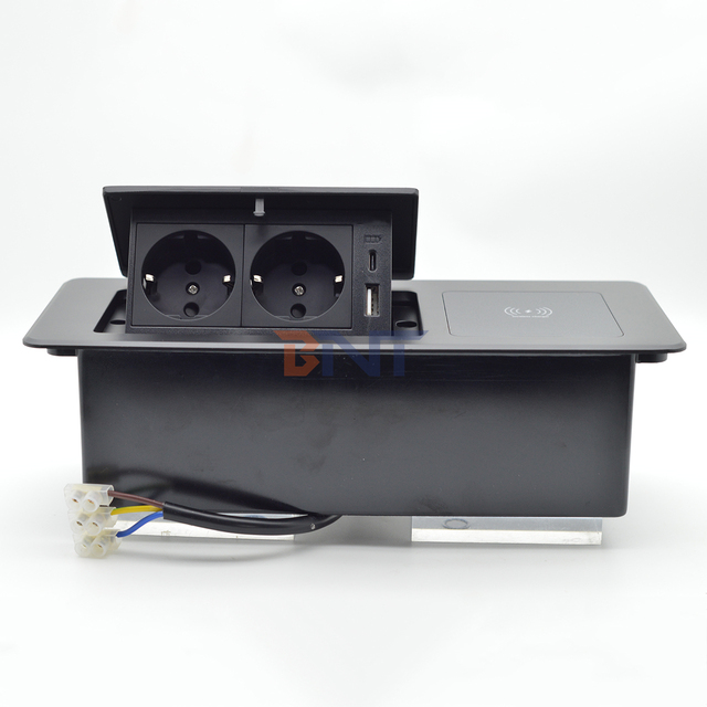 Multi-Connection Pop-Up Hidden Charging Sockets Aluminum Desktop Power Socket Box with Wireless Charging Technology IP44 Level
