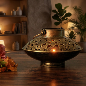 Lanterne en métal de forme attrayante en laiton AK avec poignée en or Design marocain fini Antique pour décor Diwali/décor de Table - Product Image 1