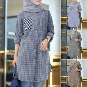 Ropa islámica blusa musulmana Kaftan mujeres Vintage Plaid Camisa larga a cuadros otoño manga larga Dubai Turquía Abaya Tops - Product Image 2