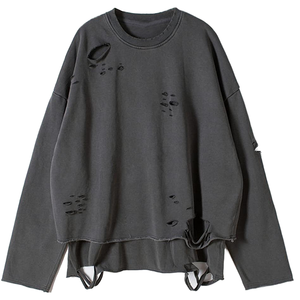 เสื้อสเวตเชิ้ต LEDUO แบบถักลายขาดๆ สไตล์ฮิปฮอป สำหรับผู้ชายและผู้หญิง ทรงปกติ คอกลม แขนยาว ปลายแขนแบบริบ ขอบเสื้อแบบดิบ - Product Image 1