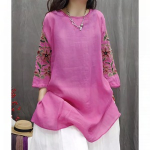 Women Cotton Linen Embroidery Top Loose Mid Length Casual Shirt Dress Breathable Retro Style Everyday Wear - Product Image 3