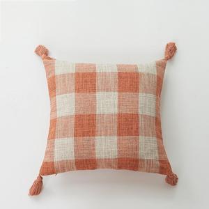 Woven Check Striped Cotton Blended Cushion Cover With Corner Tassels <strong>Terracotta</strong> Farmhouse <strong>Throw</strong> Pillow Case Ready Stock - Product Image 2