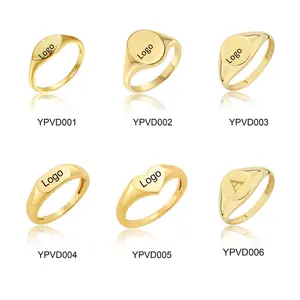 Logotipo a medida joyería personalizada de acero inoxidable Mujeres Hombres 18K chapado en oro moda Simple corazón redondo ovalado anillos de sello personalizados