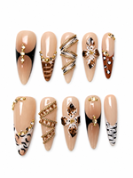 Lot de 10 faux ongles longs en forme de stiletto, faits à la main, motif léopard et zèbre de luxe, en gel, réutilisables, avec fleurs 3D et chaîne