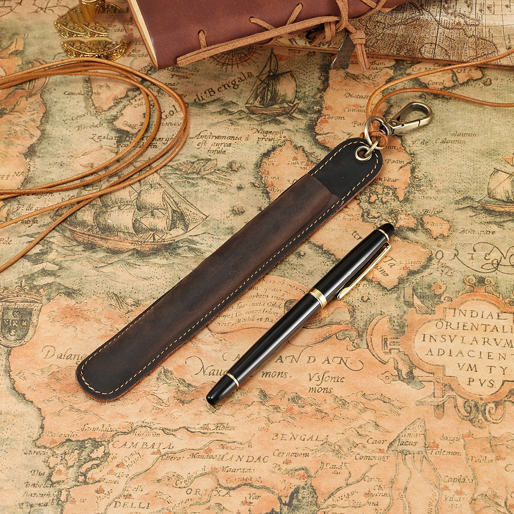 Genuine Leather Lanyard Pen Holder - Vintage Style