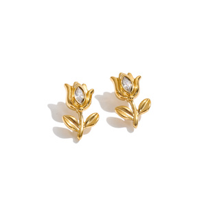 JINYOU 9166 <span class=keywords><strong>Orecchini</strong></span> a Perno Romantici in Acciaio Inossidabile a Forma di <span class=keywords><strong>Tulipano</strong></span> con Zirconia Cubica, Impermeabili, Stile Francese - Product Image 1