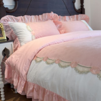 Parure de lit 4 pièces en satin jacquard 100 % coton, luxueuse, avec jupe de lit matelassée à volants en dentelle