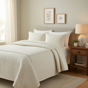 Couvre-lit crème pour lit queen, ensemble de 3 pièces, motif uni plissé à coins fendus, literie toutes saisons - Product Image 2