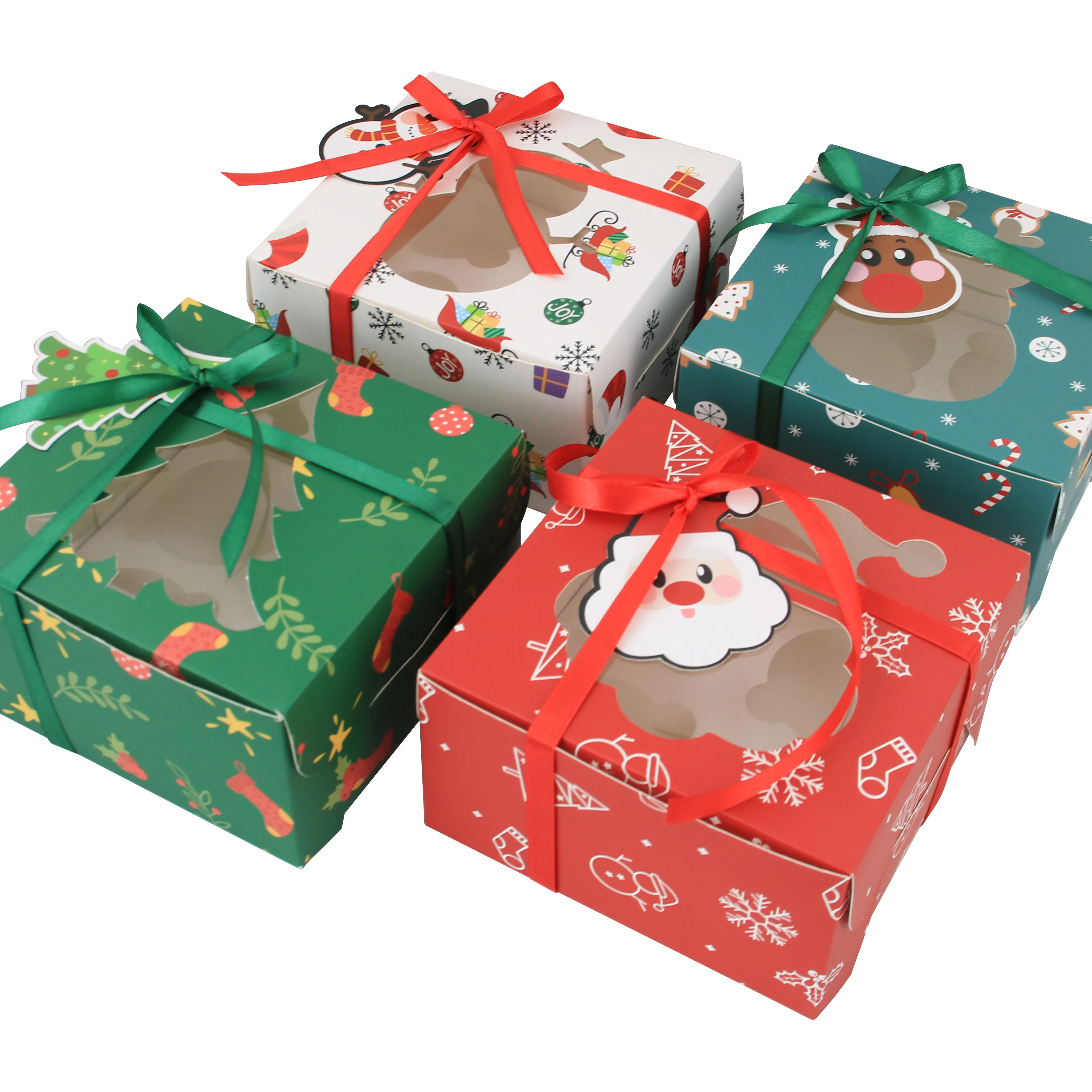 ホリデーペストリー、カップケーキ、ブラウニー用のクリスマス4ホールギフトボックスクリスマスペーパーベーカリークッキートリートボックス