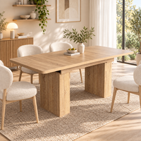 Table à manger extensible moderne en bois massif 4-8 places, finition chêne, avec rallonge amovible et pieds en colonne ondulée