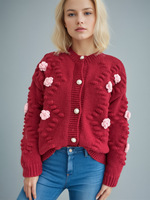 Cardigan en tricot épais surdimensionné pour femmes, ouvert sur le devant, manches longues, bleu, avec embellissement rose, boutons en perles, automne-hiver