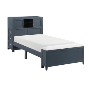 Modern Navy Blue Twin Adjustable Platform Bed Bookcase Headboard Drawers Hidden <b>Desk</b> <b>Stool</b> Footboard Storage Bench Bedroom - Product Image 2