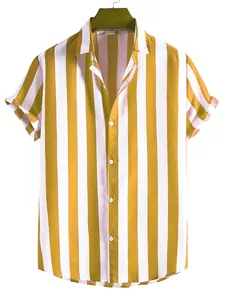 Мужская рубашка в Вертикальную Полоску, летняя Гавайская неэластичная рубашка из 95% полиэстера, 5% спандекса, на пуговицах, Стандартный крой