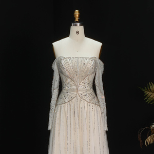 Sharon Said SS507 Abiti da Sera di Lusso Dubai per Donne, Senza Spalline, <span class=keywords><strong>Maniche</strong></span> <span class=keywords><strong>Lunghe</strong></span>, Decorati con Perline, Abiti Formali Sauditi per Feste, Beige - Product Image 3
