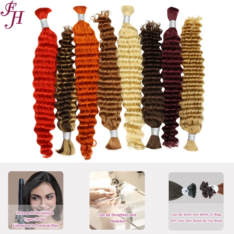 FH cheveux humains cuticule alignée cheveux en vrac vague profonde bouclés brut indien remy cheveux tressage en vrac en gros