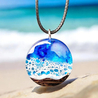 Pendentif vague en résine sur base en bois massif, chaîne de clavicule scène océanique, bijoux faits main tendance transfrontalière
