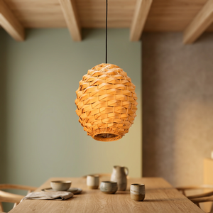 Luminaire suspendu en rotin tissé industriel de grande taille avec interrupteur, forme ovale E27 LED pour café - Product Image 3