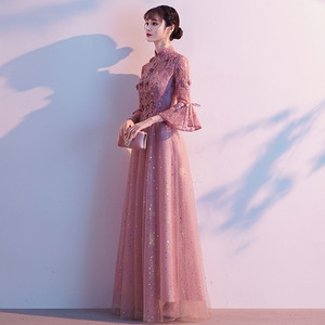 Pink Evening Gown Women Empire Waist Stand Neckline Long Sleeve Sparkle Tulle Wedding Party Dress 2026 Spring Style - Product Image 3