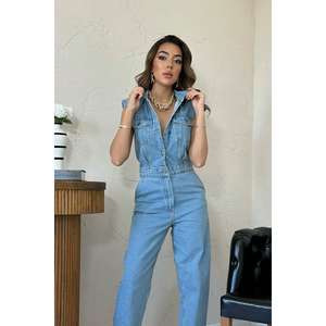 Overol de Mezclilla Azul para Mujer, 100% Algodón, Lavable, Estilo Simple, Pierna Ancha - Product Image 3