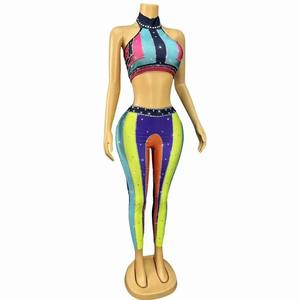 Ensemble 2 pièces sexy pour femme : haut sans manches dos nu orné de strass arc-en-ciel et leggings extensibles en Spandex/Polyester pour performance scénique - Product Image 4