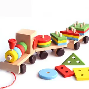 モンテッソーリキッズロングトレインセットゲームプレイ教育用木製ビルディングブロック木製おもちゃ